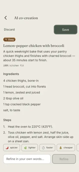 An Ooey AI co-creation screen proposing lemon-pepper chicken with broccoli, marked 100% kitchen fit.
