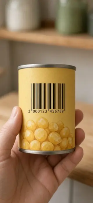 The camera view mid-scan: a hand holds a can of sweet corn up to the phone, its barcode framed by the viewfinder, under the prompt “Point at a product barcode”.