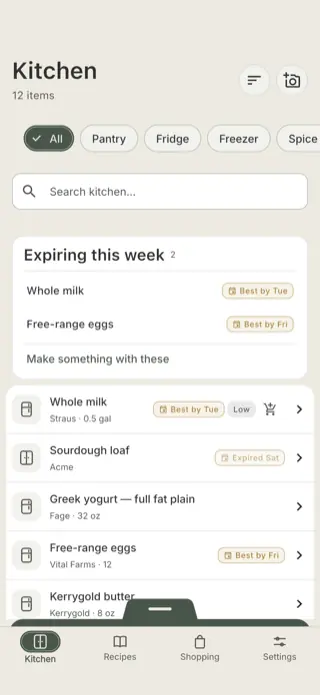 The Ooey Kitchen screen showing 12 items, with whole milk and free-range eggs flagged as expiring this week.