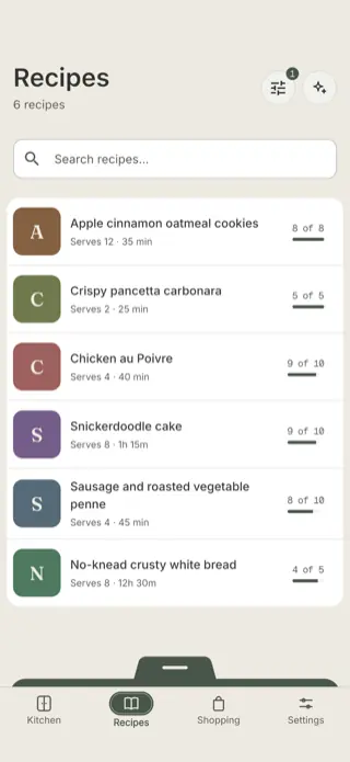 The Ooey recipe book sorted by best match, listing apple cinnamon oatmeal cookies and crispy pancetta carbonara with every ingredient in the kitchen, then chicken au poivre, snickerdoodle cake and sausage and roasted vegetable penne.