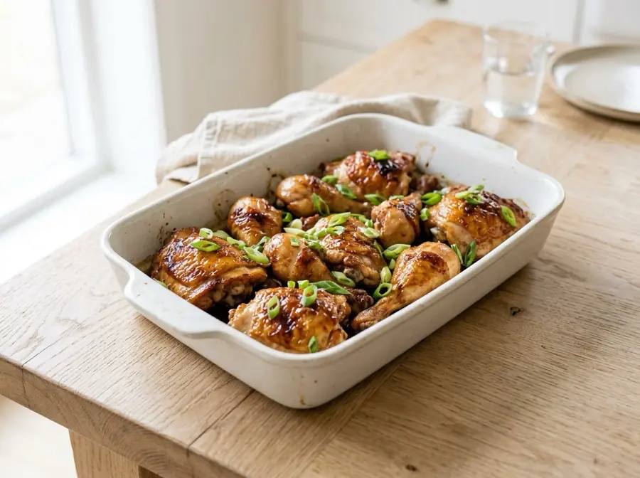 A baking dish of honey, soy and ginger chicken on a pale oak counter, scattered with sliced green onions.