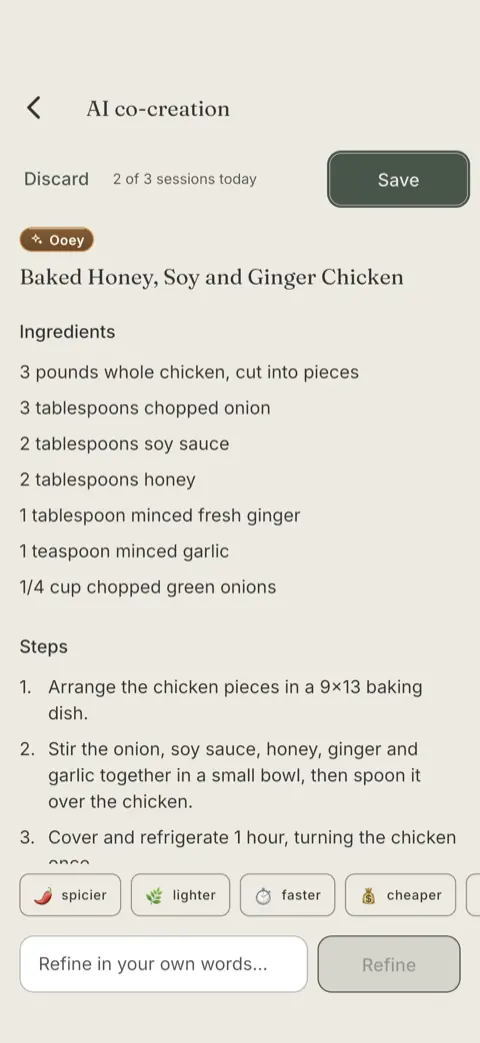 Ooey proposing Baked Honey, Soy and Ginger Chicken on its AI co-creation screen, with the ingredient list and the first steps.