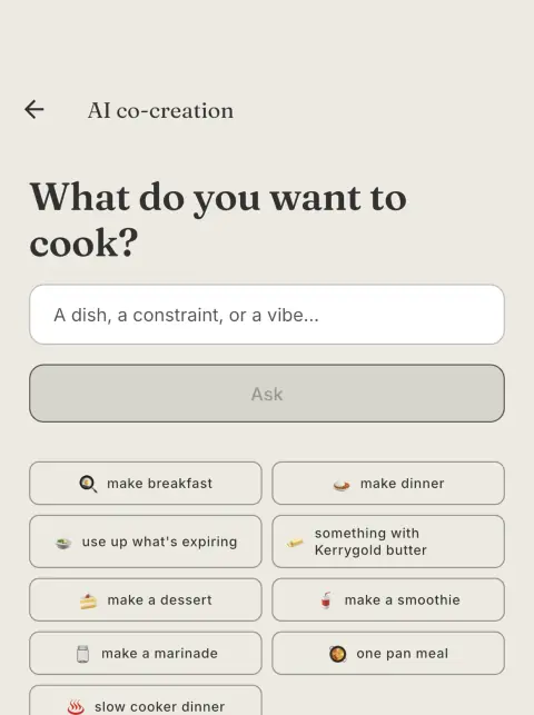 The Ooey AI co-creation screen asking what you want to cook, with a text field and quick prompts including make breakfast, use up what’s expiring and something with Kerrygold butter.