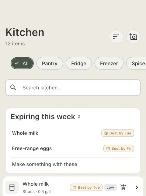 The Ooey Kitchen screen showing 12 items, with whole milk and free-range eggs flagged as expiring this week.