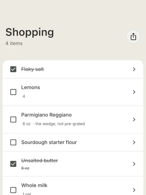An Ooey grocery list with flaky salt and unsalted butter already checked off.
